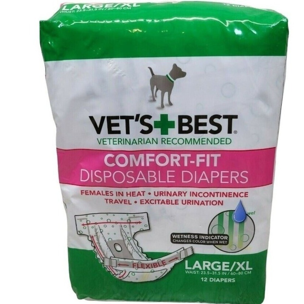 Vets Best Comfort Fit Disposable Dog‎ Diapers Large XL 12 Count White Green